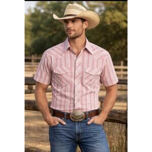 Vintage Stagecoach Western Shirt XL Red Stripe Pearl Snap Short Sleeve Cowboy